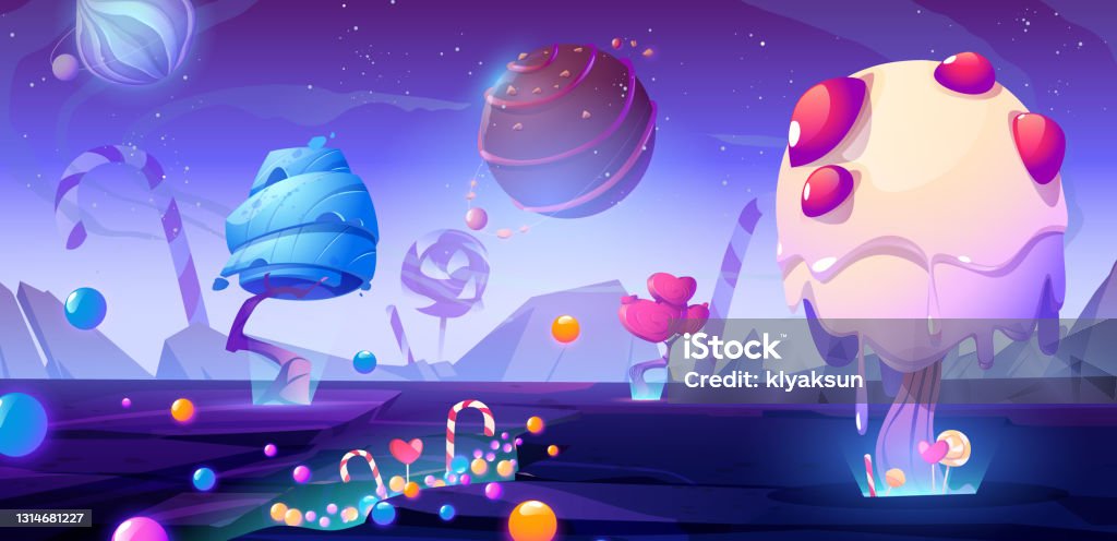 Candy Planet Cartoon Poster With Sweets Stock Illustration - Download Image  Now - Candy, Video Game, Backgrounds - iStock