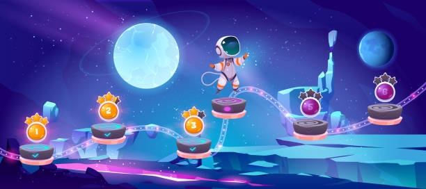 ilustrações de stock, clip art, desenhos animados e ícones de space game, mobile arcade with astronaut jump - espaço para texto