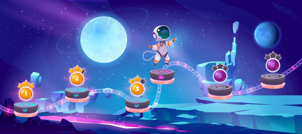 Space game, mobile arcade with astronaut jump Space game, mobile arcade with astronaut jump on platforms with bonus and asset items on alien planet landscape. Cosmos, universe cartoon 2d gui futuristic adventure with cosmonaut vector illustration leisure games stock illustrations
