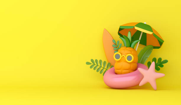 istock Summer decoration background with pineapple inflatable starfish leaves umbrella surfboard cartoon style, copy space text, 3d rendering illustration 1314689742
