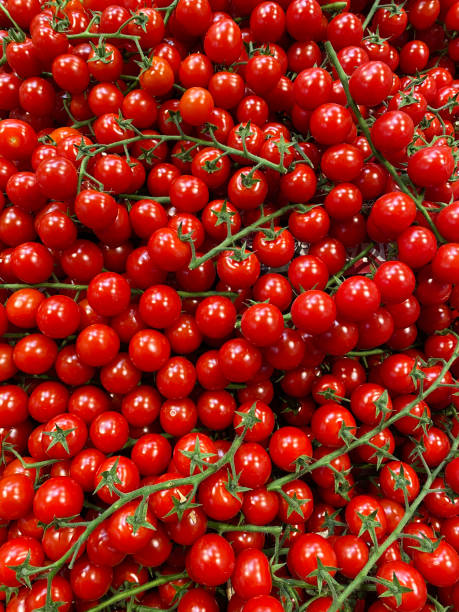 tomates cherry frescos en el estante. vista desde arriba - tomate cereza fotografías e imágenes de stock