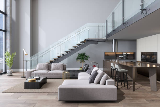Luxury Living Room With Sofa, Open Plan Kitchen And Staircase.
