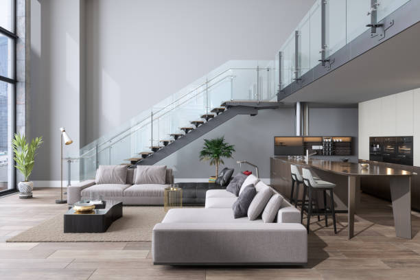 luxury living room with sofa, open plan kitchen and staircase. - loft apartment living room contemporary house imagens e fotografias de stock