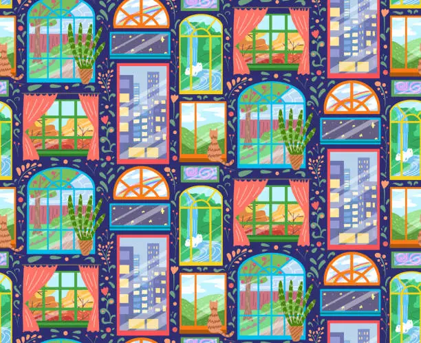 Vector illustration of Seamless child bright texture of various windows with a floral pattern on dark blue background. Wallpaper with Facade with windows with different views. Vector pattern