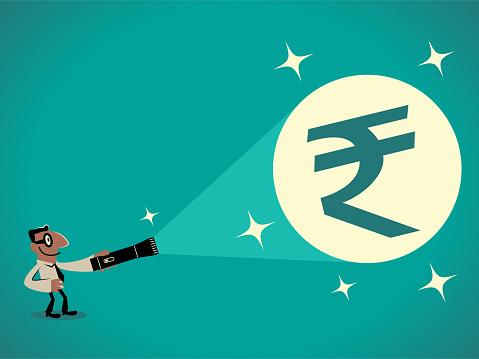 Business Cartoon Characters Design Vector Art Illustration.
The businessman shines a flashlight and finds a big Indian Rupee sign.