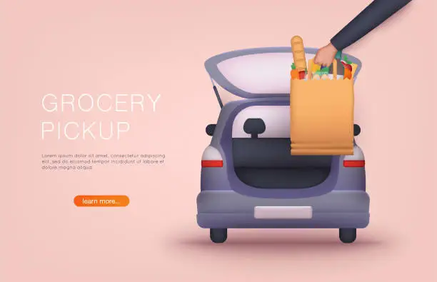 Vector illustration of Order groceries online. Pick up point in food supermarket. Safe shopping. 3D Vector Illustrations.
