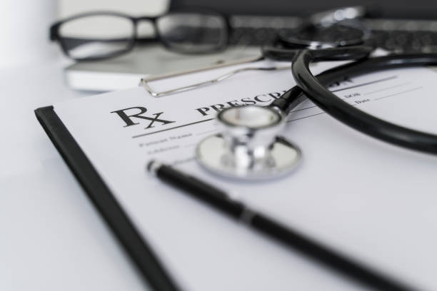 istock Medical concept with stethoscope on Rx prescription 1314694312