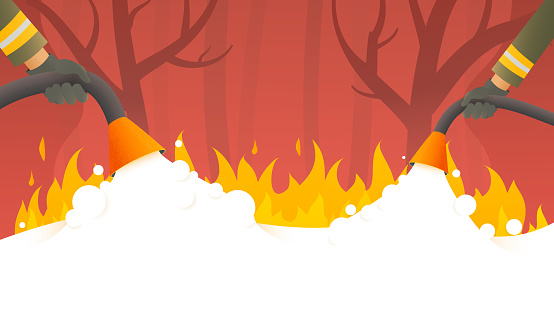 Forest wildlife fire. Firefighters fight a nature fire disaster vector cartoon illustration.
