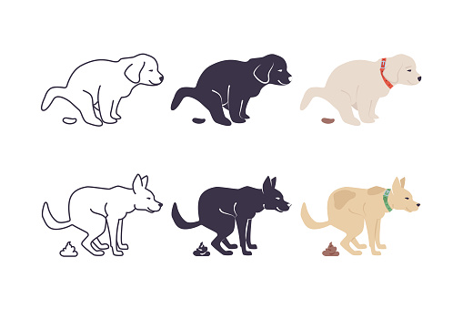 Set with cute dog poop icons. Puppy goes to toilet. Dog defecates. Concept icons for place for walking pets. Vector Illustration