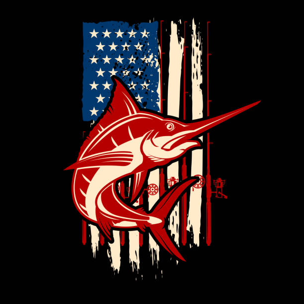 American flag with  swordfish illustration. Design element for poster, card, banner, t shirt. Vector illustration