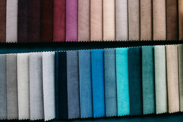 istock Collection of colorful velour textile samples. Fabric designed for sofas and armchairs. Fabric texture background 1314696795