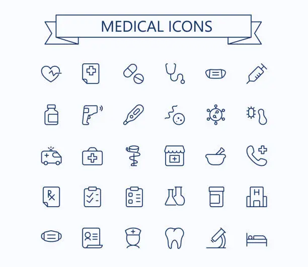 Vector illustration of Medical line mini icons set. 24x24 px. Pixel Perfect. Healthcare and medicine signs. Editable stroke.