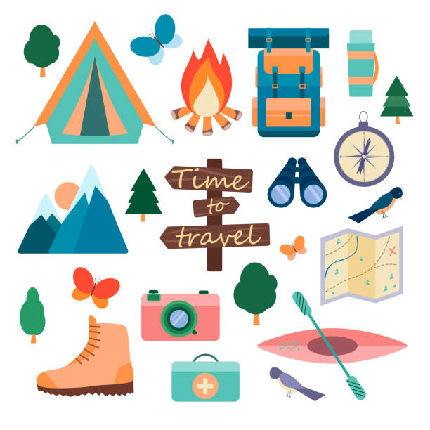 Camping and hiking equipment collection. Isolated objects on a white background. Mountain tourism, outdoor activities. Vector illustration Camping and hiking equipment collection. Isolated objects on a white background. Mountain tourism, outdoor activities. Vector illustration sports training camp stock illustrations