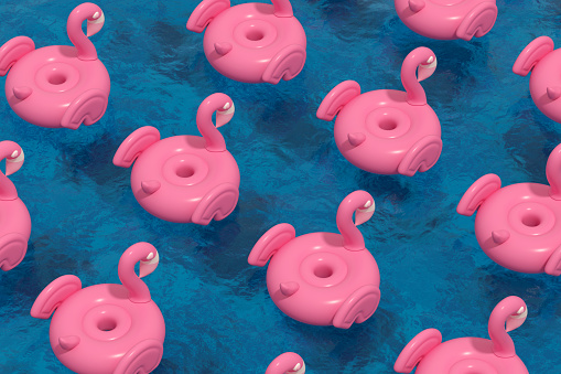 3d rendering of Inflatable Flamingo on Sea. Summer Holiday Concept. Travel destinations.