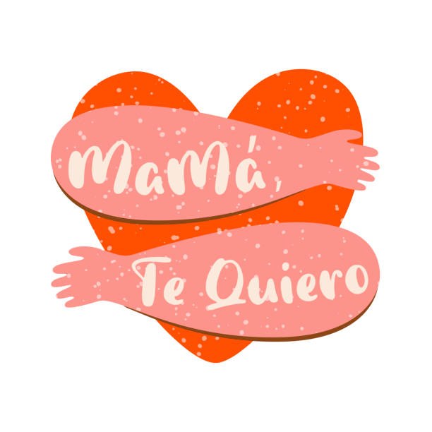 Mother Day banner hand drawn gold pink ornament. Love you mom Text title in Spanish Mother Day greeting card. Romantic banner with pink heart hugs, hands hug the heart isolated graphic element. Love you mom. Text title in Spanish. Cute illustration. i love you mom stock illustrations