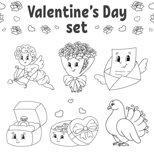 Vector illustration of Coloring book for kids. Valentine's Day clipart. Cheerful characters. Vector illustration. Cute cartoon style. Black contour silhouette. Isolated on white background.