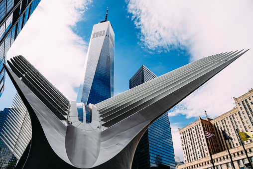 New York City, USA - June 20, 2018: Outdoor view of World Trade Center Transportation Hub or Oculus designed by Santiago Calatrava architect in Financial District