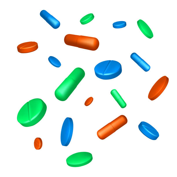 istock Realistic color scattered tablets. Red green and blue drug capsules isolated on white background. Healthcare and medicine object for banner or poster. Vector 1314707225