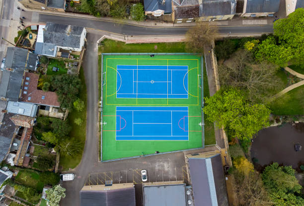 An aerial photo of a colourful outdoors sporting facility in Ely, Cambridgeshire, UK An aerial photo of a colourful outdoors sporting facility in Ely, Cambridgeshire, UK ely england stock pictures, royalty-free photos & images