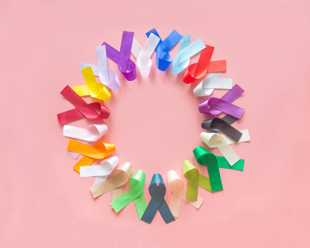 istock Colorful ribbons bow on pastel pink background in top view flat lay with copy space for text. World cancer day campaign concept on February 4, cancer awareness. National cancer survival day. 1314708732