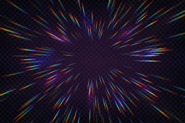 虹のハロー光線は暗い透明な背景に隔離される。ホログラフィックレンズフレア反射。プリズム放射屈折サンビームのベクトルの写実的な図 - halo点のイラスト素材／クリップアート素材／マンガ素材／アイコン素材