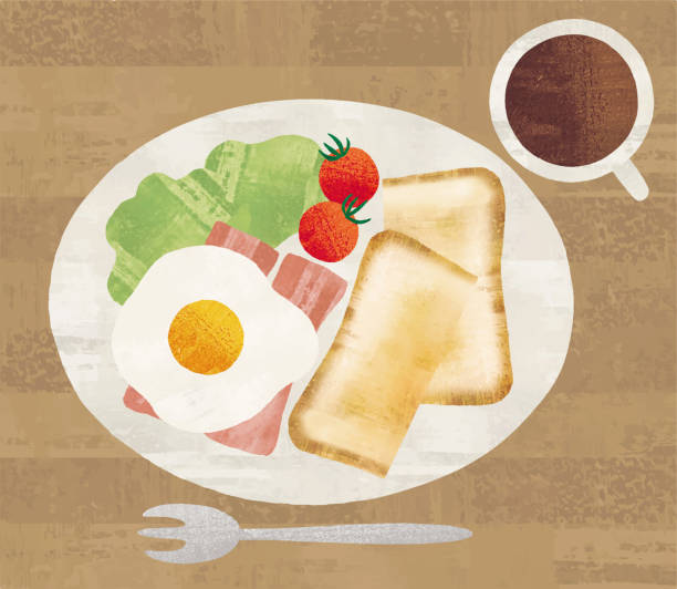 ilustrações de stock, clip art, desenhos animados e ícones de breakfast watercolor - coffee fried egg breakfast toast