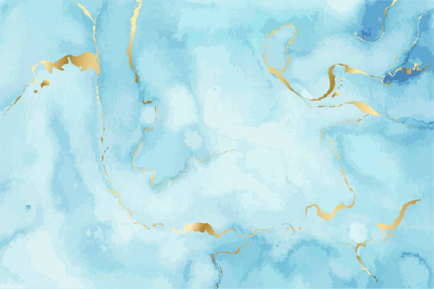 niebieskie malowanie płynem akwarelowym z luksusową fakturą z marmuru złotego. tło zbrylania złotego atramentu. - pastel blue stock illustrations