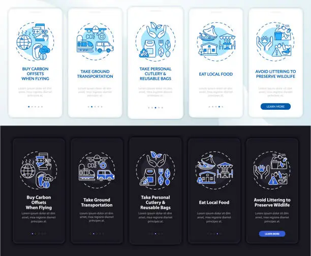 Vector illustration of Sustainable tour tips onboarding mobile app page screen with concepts