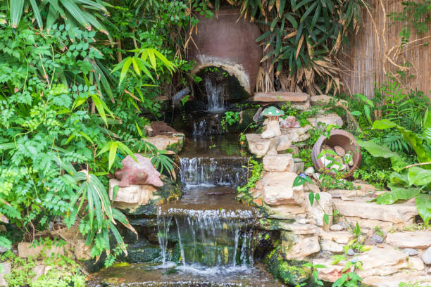 istock Close-up view on the decorative waterfall with various plants and decorations 1314711586
