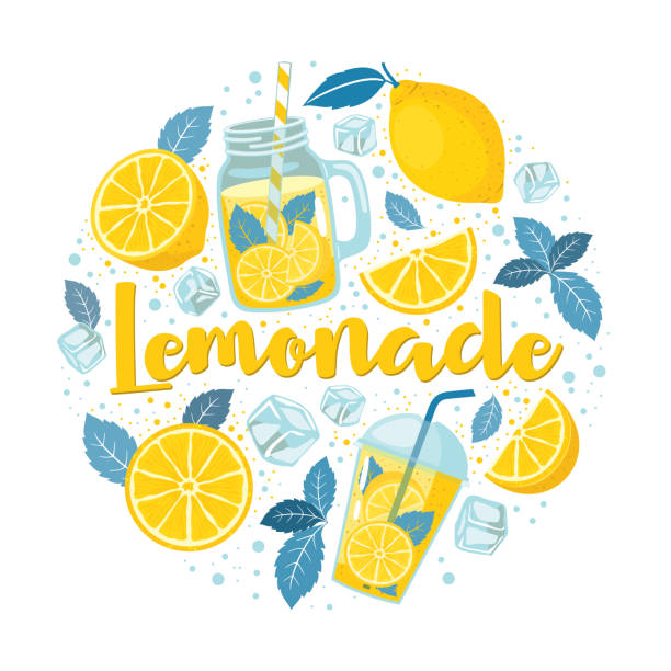 LEMONADE CIRCLE Refreshing lemonade set of elements in a circle: lemon, leaves, mint, cup, jar, slice, half, ice cubes, drops. Vector, white background, isolated. lemonade stock illustrations
