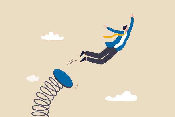Boost up business growth, improvement, career path or job promote to higher position concept, confidence businessman leader jumping springboard up high in the sky. Boost up business growth, improvement, career path or job promote to higher position concept, confidence businessman leader jumping springboard up high in the sky. coiled spring stock illustrations