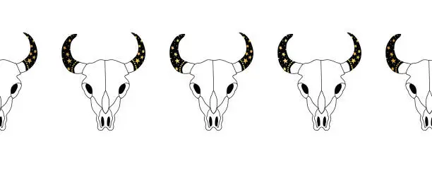 Vector illustration of Bull skull seamless vector pattern. Cow skull repeating horizontal pattern line art Shull with gold foil star texture. Use for Boho style decor, cards, fabric trim, footer, header, Wild West cowboy.
