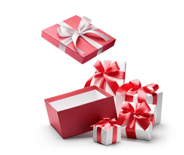 istock Red opened gift box with group of white gift boxes isolated on white background - clipping path included 1314717854