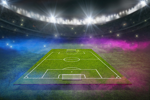 textured soccer game field with neon fog - center, midfield. 3D-Illustration