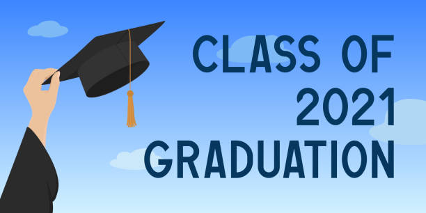 istock Class of 2021 graduation. Hand hold academic cap. Vector illustration 1314719842