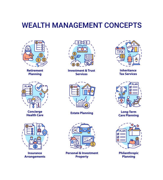 Wealth management concept icons set Wealth management concept icons set. Financial planning idea thin line RGB color illustrations. Investment and trust services. Concierge health care. Vector isolated outline drawings. Editable stroke retirement planning advisor stock illustrations