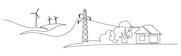 Wind energy Wind energy in continuous line art drawing style. Landscape with wind turbines producing electricity, power line and abstract private home consumer. Black linear design isolated on white background. Vector illustration electricity drawings stock illustrations