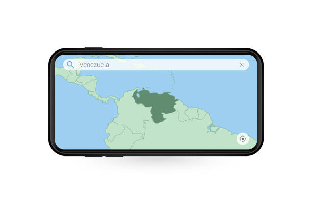 istock Searching map of Venezuela in Smartphone map application. Map of Venezuela in Cell Phone. 1314725738