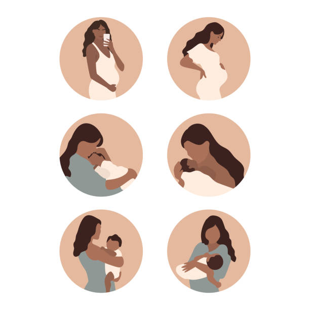 ilustraciones, imágenes clip art, dibujos animados e iconos de stock de embarazo. mamá y bebé. garabatos lindos dibujados a mano. vector - holding baby illustrations