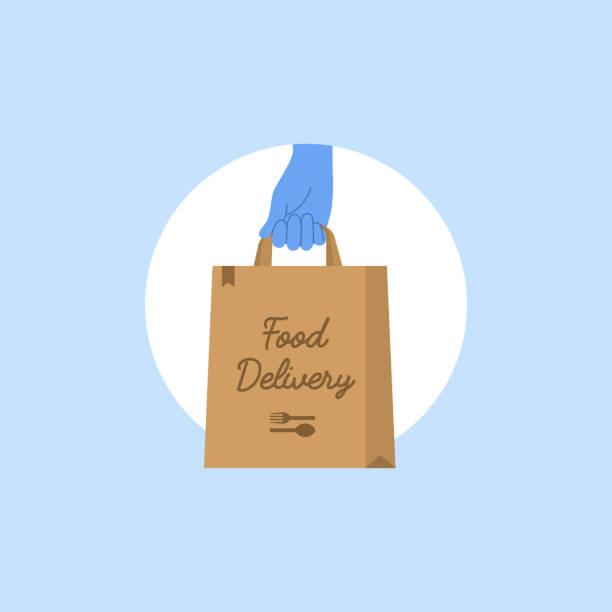 istock Food delivery paper bag. Hand with glove holding bag. Isolated. Vector 1314725994