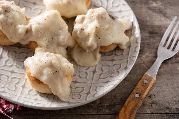 istock Traditional American biscuits and gravy for breakfast 1314726575