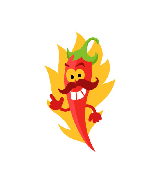 mexikanische rote heiße chili-pfeffer. mit schnurrbart. sehr würziges essen. brennt in einer flamme. maskottchen-charakter. cayenne chili pfeffer. - devil chili stock-grafiken, -clipart, -cartoons und -symbole