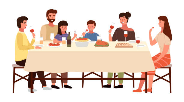 illustrazioni stock, clip art, cartoni animati e icone di tendenza di famiglia a una cena serale all'italiana. i parenti comunicano al tavolo da pranzo - non alcoholic beverage comfort food snack dining table