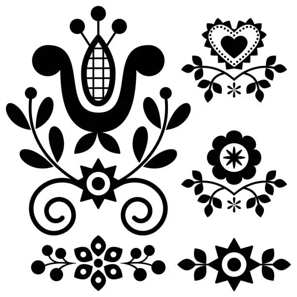 Vector illustration of Floral folk art vector design elements inspired by traditional highlanders embroidery Lachy Sadeckie from Nowy Sacz in Poland in black and white
