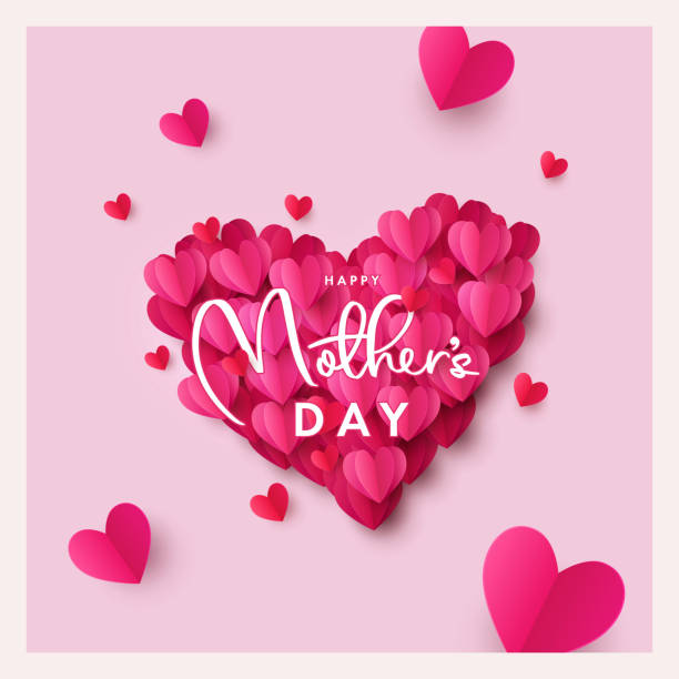 Happy Mothers Day greeting card or banner. Holiday background with big heart made of pink and red Origami Hearts on soft pink background Happy Mothers Day greeting card or banner. Holiday background with big heart made of pink and red Origami Hearts on soft pink background. Design template for card, poster, holiday cover, social media happy mothers day stock illustrations