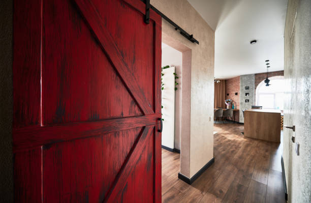 istock Big red door to the corridor in loft style. 1314732607