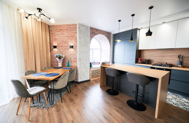 Modern interior beautiful kitchen studio. stock photo