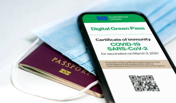 The digital green pass of the european union with the QR code on the screen of a mobile phone over a surgical mask and a passport The digital green pass of the european union with the QR code on the screen of a mobile phone over a surgical mask and a passport. Immunity from Covid-19. Travel without restrictions. vaccine passport photos stock pictures, royalty-free photos & images