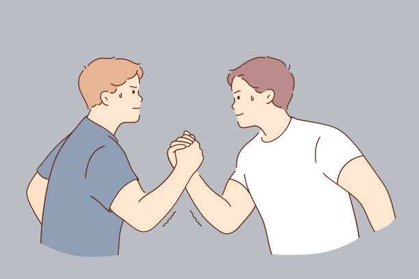 Arms wrestling, competition of strength concept Arms wrestling, competition of strength concept. Young serious men cartoon character holding hands competing in strength trying to win vector illustration arm wrestling stock illustrations