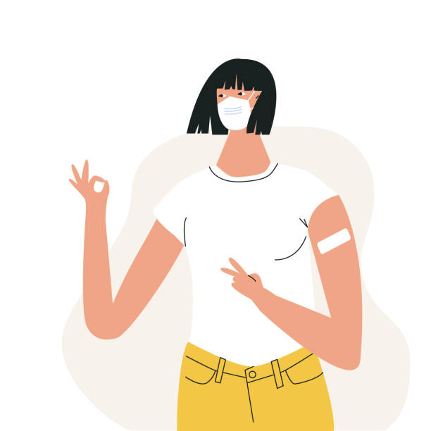 Asian woman after vaccination concept Vaccine injection in arm, shoulder. Female character after getting vaccine. Satisfied strong girl in face mask. Flat vector cartoon illustration isolated on white Asian woman after vaccination concept Vaccine injection in arm, shoulder. Female character after getting vaccine. Satisfied strong girl in face mask. Flat vector cartoon illustration bandage arm stock illustrations